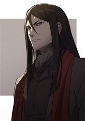 Rule 34 | 1boy, aged up, ascot, black hair, fate (series), frown, hair between eyes, highres, long hair, lord el-melloi ii, lord el-melloi ii case files, male focus, mosako, parted bangs, red scarf, scarf, sidelocks, solo, stole, upper body, waver velvet, yellow eyes