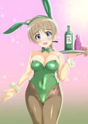 Rule 34 | 1girl, animal ears, areola slip, black pantyhose, blue eyes, blush, breasts, brown hair, fake animal ears, gradient background, highres, large breasts, leotard, looking at viewer, lynette bishop, minpei ichigo, open mouth, pantyhose, pink background, playboy bunny, rabbit ears, simple background, smile, strike witches, world witches series