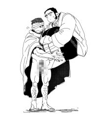 Rule 34 | &lt;o&gt; &lt;o&gt;, 2boys, bara, beard stubble, buzz cut, carrying, carrying person, censored, cloak, couple, facial hair, golden kamuy, highres, hugging own legs, kasuke (li tgknk), lifting person, loose hair strand, male focus, mature male, mosaic censoring, motion lines, multiple boys, naked cloak, ogata hyakunosuke, short hair, solid circle eyes, sparse leg hair, standing, strong, stubble, sweatdrop, tanigaki genjirou, thick eyebrows, toned, toned male, turning head, very short hair, yaoi