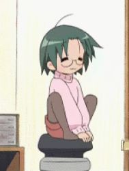 Rule 34 | 00s, 1girl, animated, animated gif, chair, closed eyes, female focus, glasses, green hair, happy, hula chair, indoors, lowres, lucky star, narumi yui, no shoes, pantyhose, pink sweater, short hair, shorts, sitting, solo, sweater, talking
