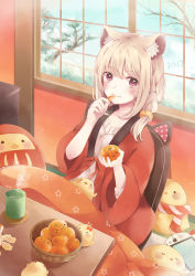 Rule 34 | 1girl, 2017, absurdres, animal ears, bird, blonde hair, blush, braid, breasts, chick, creature, cup, daruma doll, eating, food, fruit, highres, holding, holding food, holding fruit, kotatsu, looking at viewer, millcutto, open clothes, open robe, orange (fruit), orange slice, original, purple eyes, robe, sitting, sleeping, small breasts, smile, snow, table, tree, wide sleeves, window, zaisu