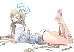 Rule 34 | 1girl, ass, asuna (blue archive), barefoot, black panties, blonde hair, blue archive, blue eyes, blue nails, breasts, feet, from side, full body, grin, hair over one eye, halo, large breasts, legs, long hair, lying, nail polish, on stomach, panties, school uniform, shirt, simple background, skirt, smile, solo, sydus, the pose, toenail polish, toenails, toes, underwear, unworn skirt, v, very long hair, white background, white shirt