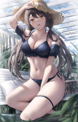 Rule 34 | 1girl, arm up, bench, bikini, black bikini, blue sky, bottle, breasts, brown hair, ceiling light, cleavage, collarbone, cup, cushion, detached sleeves, drinking glass, hat, highres, jewelry, large breasts, long hair, low twintails, mhru, nail polish, navel, necklace, original, parted lips, puffy short sleeves, puffy sleeves, short sleeves, side-tie bikini bottom, sitting, sky, solo, stomach, straw hat, swimsuit, thigh strap, thighs, twintails, very long hair, wine bottle, wine glass, yellow eyes