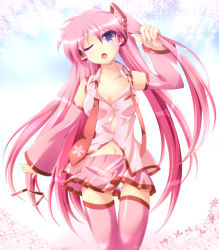 Rule 34 | 1girl, alternate hair color, breasts, cherry blossoms, cosplay, detached sleeves, hatsune miku, hatsune miku (cosplay), headphones, hiiragi kagami, ka2, large breasts, long hair, lucky star, name connection, navel, necktie, object namesake, panties, pantyshot, pink hair, pink theme, purple eyes, sakura miku, sakura miku (cosplay), solo, striped clothes, striped panties, thighhighs, twintails, underwear, vocaloid