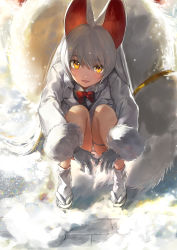Rule 34 | 10s, 1girl, absurdres, animal ears, blush, bow, bowtie, collared shirt, fox ears, fox tail, gloves, hair between eyes, highres, hoojiro, hugging own legs, jacket, kemono friends, long hair, long sleeves, looking at viewer, oinari-sama (kemono friends), outdoors, red bow, red bowtie, sandals, shirt, smile, snowing, solo, tabi, tail, thigh strap, very long hair, white gloves, white hair, white jacket, white legwear, white theme, yellow eyes, zouri