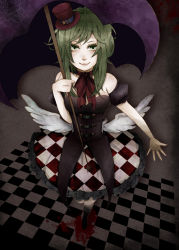 Rule 34 | 1girl, aq-l7, bare shoulders, blood, bow, carnival (vocaloid), checkered clothes, checkered floor, checkered skirt, frills, green eyes, green hair, gumi, hat, highres, low wings, matching hair/eyes, mini hat, mini top hat, off shoulder, short hair, sidelocks, skirt, smile, solo, top hat, umbrella, vocaloid, white wings, wings
