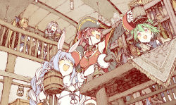 Rule 34 | 5girls, :d, abara heiki, alcohol, animal ear fluff, animal ears, armor, bare shoulders, beer mug, black bow, black gloves, black hairband, blonde hair, blue hair, blush, bottle, bow, braid, breasts, carrot hair ornament, ceiling, ceiling light, closed eyes, commentary request, cup, dark-skinned female, dark skin, detached sleeves, don-chan (usada pekora), double bun, food-themed hair ornament, from below, gloves, green hair, hair bow, hair bun, hair ornament, hairband, hand up, hat, highres, holding, holding bottle, holding cup, hololive, houshou marine, indoors, lantern, liquor, long hair, looking at another, looking down, medium breasts, mug, multicolored hair, multiple girls, open mouth, pirate hat, pointy ears, ponytail, rabbit ears, red eyes, red hair, shiranui flare, shiranui flare (old design), shirogane noel, shirogane noel (1st costume), sidelocks, skull hair ornament, smile, table, tablecloth, tavern, twin braids, twintails, two-tone hair, uruha rushia, usada pekora, usada pekora (1st costume), virtual youtuber, white hair, wine bottle