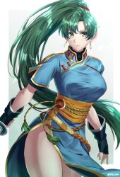Rule 34 | 1girl, black gloves, blue dress, border, breasts, closed mouth, dress, earrings, fingerless gloves, fire emblem, fire emblem: the blazing blade, floating hair, gloves, green eyes, green hair, hair intakes, highres, holding, holding sword, holding weapon, jewelry, long hair, looking at viewer, lyn (fire emblem), medium breasts, nintendo, outside border, shinae, short sleeves, side slit, solo, standing, sword, very long hair, weapon, white border