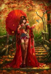 Rule 34 | 1girl, autumn, autumn leaves, bird, breasts, brown hair, detached sleeves, hair ornament, highres, holding, large breasts, long hair, oil-paper umbrella, original, panties, shoes, single thighhigh, solo, stairs, sunmomo, thighhighs, tree, umbrella, underwear, white panties