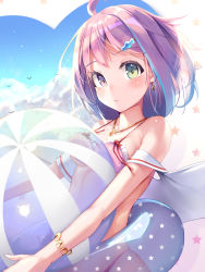 Rule 34 | 1girl, ahoge, ball, bare shoulders, beachball, bikini, blue hair, blue sky, blush, bracelet, breast press, breasts, candy hair ornament, cloud, commentary request, crescent, crescent earrings, crescent necklace, earrings, food-themed hair ornament, frilled bikini, frills, green eyes, hair ornament, heterochromia, highres, himemori luna, himemori luna (1st costume), holding, holding ball, holding beachball, hololive, innertube, jewelry, looking at viewer, medium breasts, medium hair, mogmog, multicolored hair, necklace, parted lips, pink bikini, purple eyes, sky, solo, star (symbol), starry background, stomach, streaked hair, swim ring, swimsuit, upper body, virtual youtuber