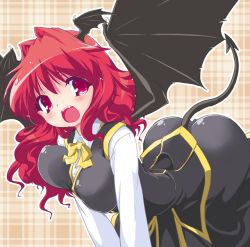 Rule 34 | 1girl, ass, bad id, bad pixiv id, bent over, breasts, demon tail, fang, female focus, head wings, koakuma, large breasts, long hair, naitou satoshi, open mouth, red eyes, red hair, slit pupils, solo, tail, embodiment of scarlet devil, touhou, wings
