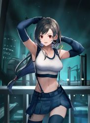 Rule 34 | 1girl, armpits, arms up, bare shoulders, black hair, black skirt, black thighhighs, breasts, crop top, detached sleeves, earrings, final fantasy, final fantasy vii, final fantasy vii remake, jewelry, large breasts, long hair, looking at viewer, low-tied long hair, midgar, midriff, navel, open mouth, red eyes, sasanomesi, skirt, solo, square enix, suspender skirt, suspenders, tank top, thighhighs, tifa lockhart, white tank top, zettai ryouiki