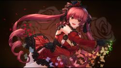 Rule 34 | 1girl, black gloves, bow, breasts, bug, butterfly, chien zero, cleavage, dutch angle, floral background, frilled skirt, frills, garter straps, gloves, glowing butterfly, gothic lolita, hair bow, hair ribbon, hat, heterochromia, highres, hololive, houshou marine, huge filesize, insect, large breasts, letterboxed, lolita fashion, long hair, mini hat, mini top hat, pocket watch, ribbon, ringlets, rose background, see-through, see-through cleavage, skirt, solo, thighhighs, top hat, twintails, virtual youtuber, wand, watch, white thighhighs, zettai ryouiki