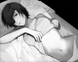 Rule 34 | 1girl, black hair, chainsaw man, cigarette, clothes lift, dark background, eyepatch, greyscale, highres, himeno (chainsaw man), looking at viewer, lying, midriff, monochrome, on side, shirt lift, short hair, smile, solo, xyanaid