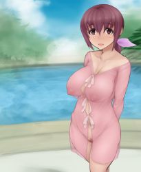Rule 34 | 10s, 1girl, abubu, babydoll, blush, breasts, brown hair, covered erect nipples, dress, female pubic hair, hoshizora ikuyo, large breasts, mature female, nipples, no bra, no panties, pool, precure, pubic hair, pussy, see-through, smile precure!, solo, standing, uncensored, water