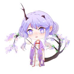 Rule 34 | 1girl, chibi, chinese clothes, double bun, full body, hair bun, hanfu, highres, long sleeves, looking at viewer, non-web source, open mouth, purple hair, qixiong ruqun, ruqun, simple background, smile, symbol shaped pupils, tree horns, wide sleeves