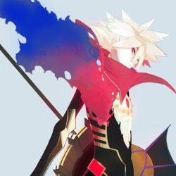 Rule 34 | 1boy, bishounen, cape, fate/apocrypha, fate (series), grey background, karna (fate), looking at viewer, male focus, pale skin, pink hair, red eyes, simple background, solo, torn clothes, yuuki (irodo rhythm)
