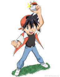 Rule 34 | 1boy, :d, arm up, artist name, backwards hat, baseball cap, belt, belt buckle, black hair, black shirt, brown eyes, buckle, clenched hand, commentary request, creatures (company), dated, denim, game freak, grass, hair between eyes, hand up, hat, highres, holding, holding poke ball, jacket, jeans, kibisakura2, legs apart, looking up, male focus, nintendo, open clothes, open jacket, open mouth, pants, poke ball, poke ball (basic), pokemon, pokemon adventures, red (pokemon), red hat, shirt, shoes, short sleeves, smile, solo, standing, teeth, white footwear