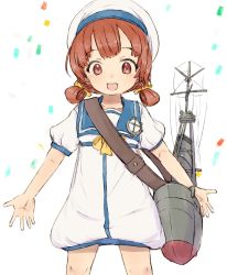 Rule 34 | 1girl, alchera, blue sailor collar, bow, brown eyes, brown hair, commentary request, confetti, dress, hair rings, hat, kaiboukan no. 4 (kancolle), kantai collection, long hair, low twintails, machinery, sailor collar, sailor dress, sailor hat, smile, solo, standing, twintails, upper body, white background, white dress, white hat, yellow bow