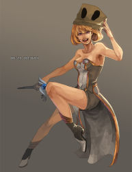 Rule 34 | 1girl, artist name, bag, bag on head, boots, breasts, brown background, brown dress, brown footwear, dated, dress, full body, high wizard (ragnarok online), holding, holding wand, looking at viewer, medium breasts, no cape, no gloves, open mouth, paper bag, ragnarok online, short dress, short hair, simple background, smile, solo, strapless, strapless dress, two-tone dress, two-tone footwear, wand, white dress, z.i
