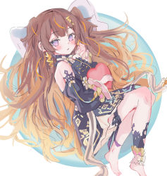 Rule 34 | 1girl, ankle strap, anya melfissa, barefoot, black dress, blonde hair, blush, bow, brown hair, detached sleeves, dress, gradient hair, heart, highres, holding, holding pillow, hololive, hololive indonesia, looking at viewer, lying, multicolored hair, on side, open mouth, pillow, purple hair, shin murasame, solo, streaked hair, two side up, virtual youtuber, white bow