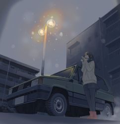 Rule 34 | 1girl, ankle boots, apartment, black hair, black scarf, boots, breath, building, car, commentary request, from below, highres, jettoburikku, lamppost, license plate, long sleeves, looking up, motor vehicle, original, red footwear, scarf, short hair, snow, sweater, vehicle focus, watermark, white sweater, winter