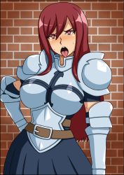 Rule 34 | armor, blush, erza scarlet, fairy tail, heart, heart-shaped pupils, highres, open mouth, red hair, skirt, symbol-shaped pupils, tongue, tongue out