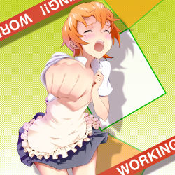 Rule 34 | 1girl, blush, bun150, clenched hand, clenched hands, closed eyes, foreshortening, inami mahiru, motion blur, open mouth, orange hair, punching, short hair, solo, waitress, working!!