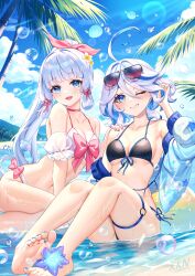 2girls :d absurdres ahoge ayaka_(genshin_impact) barefoot bikini black_bikini blue_eyes blue_hair blue_nails blue_sky bow choker cloud day detached_sleeves eyewear_on_head furina_(genshin_impact) genshin_impact grin hair_ribbon highres lalazyt long_hair looking_at_viewer multiple_girls nail_polish navel one_eye_closed open_mouth outdoors pink_bow pink_choker pink_ribbon puffy_short_sleeves puffy_sleeves ribbon short_hair short_sleeves sky smile stomach sunglasses swimsuit toenail_polish toenails very_long_hair