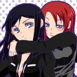 Rule 34 | 00s, 2girls, black hair, blush, breasts, cleavage, closed mouth, collarbone, frown, head tilt, hug, hug from behind, kuga natsuki, long sleeves, looking at viewer, lowres, multiple girls, my-hime, own hands together, polka dot, polka dot background, red hair, short hair, simple background, uniform, yuuki nao