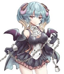Rule 34 | 1girl, aoiyamagi4, bat wings, black gloves, black skirt, blue hair, blush, breasts, brown eyes, brown hair, cape, chain, cleavage, demon horns, elbow gloves, gloves, gradient hair, hair between eyes, horns, lapis (sennen sensou aigis), large breasts, looking at viewer, multicolored hair, sennen sensou aigis, simple background, skirt, solo, twintails, two-tone hair, white background, white neckwear, wings, wrist cuffs