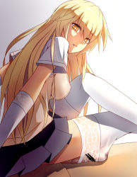 Rule 34 | 1girl, bad id, bad pixiv id, blonde hair, censored, crossed legs, elbow gloves, from side, gloves, impossible clothes, impossible sweater, long hair, looking at viewer, open mouth, parted lips, penis, penis under another&#039;s clothes, school uniform, shokuhou misaki, simple background, sitting, skirt, smile, sodium channel, solo focus, sweater, sweater vest, symbol-shaped pupils, thigh sex, thighhighs, toaru kagaku no railgun, toaru majutsu no index, vest, white background, white gloves, white thighhighs, yellow eyes