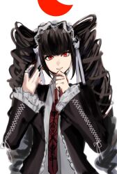 Rule 34 | 1girl, black hair, black jacket, black nails, celestia ludenberg, claw ring, danganronpa: trigger happy havoc, danganronpa (series), drill hair, earrings, frilled jacket, frills, goku-en hamu, grin, highres, jacket, jewelry, long hair, nail polish, necktie, open clothes, open jacket, print necktie, red background, red eyes, red necktie, simple background, smile, solo, teeth, twin drills, twintails, upper body, white background