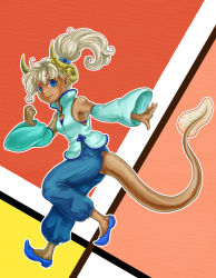 Rule 34 | bare shoulders, blue eyes, dark-skinned female, dark skin, detached sleeves, eel tail, fins, fish tail, hair bobbles, hair ornament, horns, jewelry, kuraba (sokuseki reset), long hair, looking at viewer, looking back, original, outstretched arm, pants, pointy ears, ponytail, sheep horns, shoes, smile, solo, tail, white hair, wide sleeves