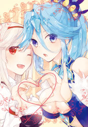 Rule 34 | 2girls, :o, ;d, anna (sennen sensou aigis), asymmetrical docking, bad anatomy, bare shoulders, blue eyes, blue gemstone, blue hair, blue nails, breast press, breasts, cleavage, detached sleeves, earrings, eliza (sennen sensou aigis), eyes visible through hair, fingernails, flipped hair, frills, from side, fur trim, gem, glint, hair between eyes, hair ornament, hairband, happy, heart, heart hands, heart hands duo, high ponytail, jewelry, karomura, large breasts, long fingernails, long hair, looking at viewer, multiple girls, nail polish, one eye closed, open mouth, parted bangs, pinky out, ponytail, poorly drawn, red eyes, sennen sensou aigis, sidelocks, sleeves past wrists, smile, stud earrings, surprised, turtleneck, upper body, white hair