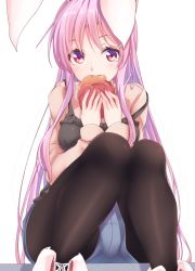 Rule 34 | 1girl, alternate costume, animal ears, black pantyhose, blue shorts, blush, breasts, burger, camisole, casual, commentary request, contemporary, eating, feet out of frame, food, hands up, hisae (hisae collect), holding, holding food, knees together feet apart, knees up, long hair, long sleeves, looking at viewer, medium breasts, pantyhose, pink sweater, purple hair, rabbit ears, reisen udongein inaba, shoes, short shorts, shorts, sidelocks, simple background, sitting, sneakers, solo, spaghetti strap, strap slip, sweater, thighs, touhou, very long hair, white background