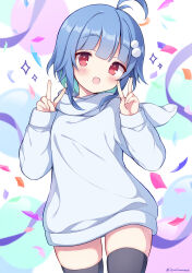 Rule 34 | 1girl, :d, ahoge, balloon, black thighhighs, blue hair, blush, commentary request, commission, confetti, double v, hands up, highres, hood, hood down, hoodie, izuminanase, long sleeves, looking at viewer, open mouth, original, puffy long sleeves, puffy sleeves, red eyes, skeb commission, sleeves past wrists, smile, solo, sparkle, tagosaku chan, thighhighs, twitter username, v, white hoodie