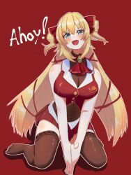 Rule 34 | 1girl, akai haato, ascot, black collar, blonde hair, blue eyes, blush, bow, breasts, brooch, brown leotard, brown thighhighs, cleavage, collar, cosplay, covered navel, cropped jacket, fang, frilled collar, frills, hair bow, hair ornament, hair ribbon, highres, hololive, houshou marine, houshou marine (1st costume), houshou marine (cosplay), jacket, jewelry, large breasts, leotard, looking at viewer, navel, necoro1018, open mouth, red ascot, red background, red jacket, red ribbon, red skirt, ribbon, see-through, see-through cleavage, side ponytail, skin fang, skirt, thighhighs, twintails, virtual youtuber