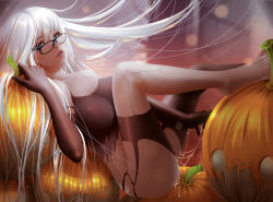 Rule 34 | 1girl, android, barefoot, bearwitch, black-framed eyewear, blue eyes, feet, glasses, highres, long hair, looking at viewer, nier (series), nier:automata, parted lips, pumpkin, pussy juice, solo, toes, white hair, a2 (nier:automata)