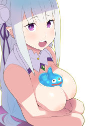 Rule 34 | 1girl, between breasts, blush, breasts, detached collar, emilia (re:zero), hands on own thighs, hands together, happy, highres, large breasts, legs, long hair, looking at viewer, motion lines, open mouth, pink eyes, re:zero kara hajimeru isekai seikatsu, simple background, sitting, sleeveless, slime, smile, tetrodotoxin, thighs, white background, white hair