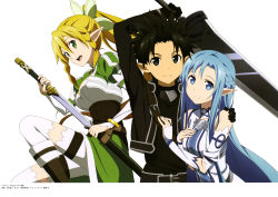 Rule 34 | 10s, 1boy, 2girls, absurdres, asuna (sao), asuna (sao-alo), black gloves, black hair, blonde hair, blue eyes, blue hair, detached sleeves, gloves, green eyes, hair ornament, highres, holding, holding sword, holding weapon, katana, kirito, kirito (sao-alo), leafa, long hair, looking at viewer, multiple girls, nakamura naoto, open mouth, pointy ears, ponytail, short hair, simple background, smile, spiked hair, sword, sword art online, thighhighs, weapon, white background, white thighhighs