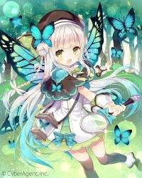 Rule 34 | 1girl, :d, aqua bow, beret, black thighhighs, blue bow, blue hair, blunt bangs, bow, braid, bug, butterfly, butterfly wings, capelet, company name, cowboy shot, double bun, dress, gradient hair, grass, green eyes, green ribbon, hair bun, hat, holding, insect, insect wings, lace, lace-trimmed dress, lace trim, lantern, leaf, long hair, looking at viewer, magnifying glass, multicolored hair, nature, neck ribbon, open mouth, original, outdoors, outstretched arms, ribbon, silver hair, smile, solo, sparkle, standing, standing on one leg, tareme, thighhighs, tree, twin braids, two side up, wasabi (sekai), white dress, wings, wrist cuffs, zettai ryouiki