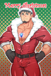 Rule 34 | 1boy, bara, beard, black hair, bulge, chest jewel, christmas, facial hair, feet out of frame, gloves, goatee, hands on own hips, hat, haymer, highres, large pectorals, looking at viewer, male focus, mature male, merry christmas, muscular, muscular male, original, pectoral cleavage, pectorals, red hat, santa costume, santa hat, short hair, smile, solo, standing, thick beard, thick eyebrows