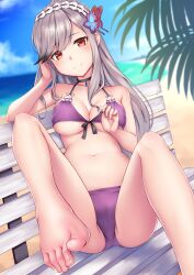 Rule 34 | 1girl, arm behind back, azur lane, barefoot, beach, bench, bikini, blue sky, blush, breasts, butterfly hair ornament, cameltoe, cloud, collarbone, day, dunkerque (azur lane), dunkerque (summer sucre) (azur lane), feet, foot focus, foreshortening, front-tie bikini top, front-tie top, grey hair, hair ornament, halterneck, head rest, head tilt, highres, light smile, long hair, looking at viewer, medium breasts, navel, nipples, nya-c, ocean, official alternate costume, on bench, outdoors, palm tree, purple bikini, red eyes, sitting, sky, solo, swimsuit, toes, tree, untying