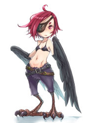 Rule 34 | 1girl, bad id, bad pixiv id, belt, belt skirt, bikini, bikini top only, black bikini, black wings, breasts, eyepatch, feathered wings, full body, harpy, monster girl, multiple belts, navel, nucomas, original, red eyes, red hair, short hair, simple background, small breasts, solo, swimsuit, talons, white background, winged arms, wings