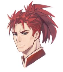 Rule 34 | 1boy, cropped shoulders, eyeshadow, fate/grand order, fate (series), high ponytail, li shuwen (fate), li shuwen (young) (fate), light frown, long hair, looking at viewer, makeup, male focus, ponytail, red eyeshadow, red hair, sdz (inazuma), sideburns, thick eyebrows, white background