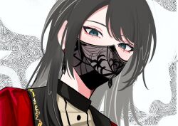 Rule 34 | 1girl, bang dream!, bang dream! it&#039;s mygo!!!!!, black hair, black mask, blue eyes, commentary, earrings, hashtag-only commentary, highres, jewelry, lapis1719, long hair, looking at viewer, mask, mouth mask, solo, upper body, white background, yahata umiri