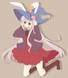 Rule 34 | 1girl, animal ears, blush, boots, bow, rabbit ears, casual, center frills, chuo (irityuo), coat, collar, dress, frilled collar, frills, grey background, hands on headwear, hat, hat bow, irisu kyouko, irisu shoukougun!, long hair, looking at viewer, pleated dress, red dress, red eyes, silver hair, solo, very long hair, witch hat