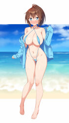 1girl :o amasawa_chigusa bare_shoulders beach bikini blue_eyes blue_sky blue_slingshot_swimsuit blush breasts brown_hair highres jacket kazuma_(kazumav) large_breasts long_sleeves micro_bikini navel ocean open_clothes open_jacket original ponytail sky slingshot_swimsuit stomach swimsuit