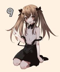Rule 34 | 1girl, aged down, blush, bow, brown eyes, brown hair, fuco, full body, girls&#039; frontline, hair between eyes, hair bow, hair ornament, long hair, looking at viewer, official alternate costume, open mouth, scar, scar across eye, scar on face, shirt, simple background, sitting, sleeveless, smile, solo, suspenders, twintails, ump9 (girls&#039; frontline), ump9 (shiba investigator) (girls&#039; frontline), v, white shirt
